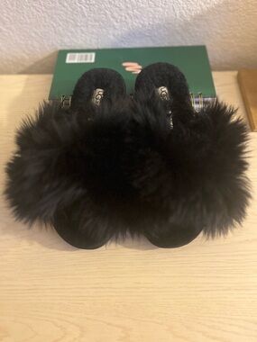 UGG Black Plush Shearling Slide Sandals
